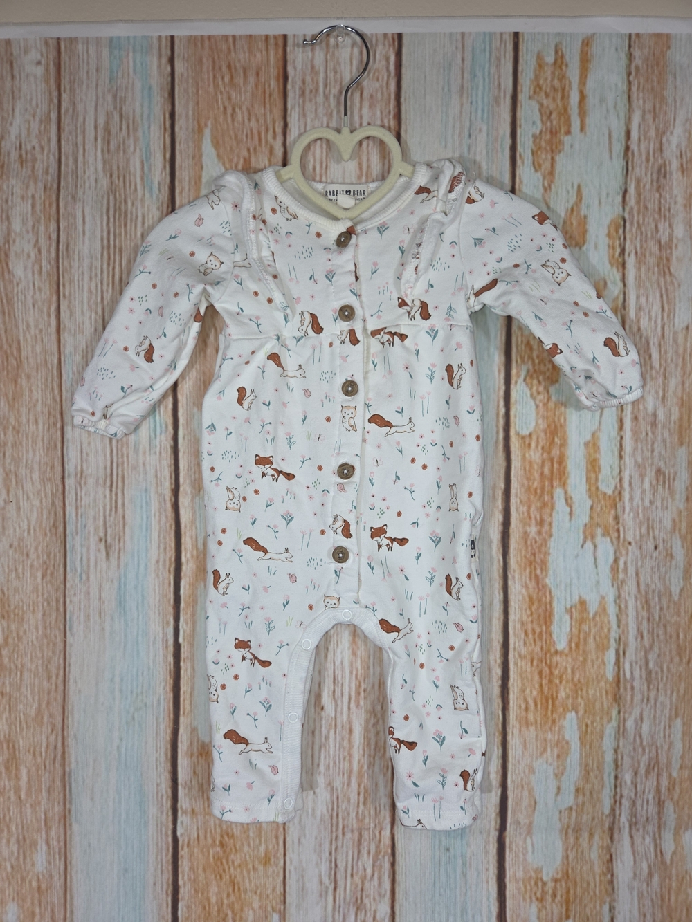 Rabbit & Bear White Fox Squirrel Print Baby One-Piece. 100% Organic Cotton. 3-6m
